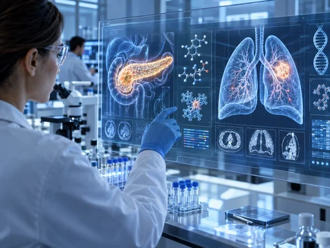 Rappresentazione medico-scientifica di pancreas e polmoni per lo studio del farmaco daraxonrasib in oncologia