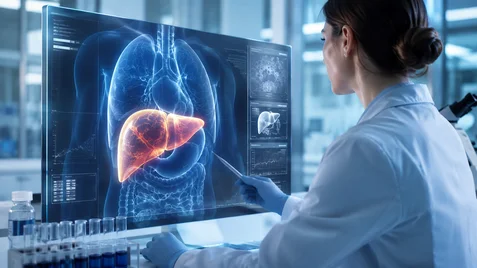 Medico osserva una rappresentazione digitale del fegato per lo screening e la diagnosi precoce delle epatiti