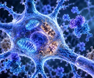 Rappresentazione scientifica di neurone e mitocondri nello studio del ruolo della proteina GRK2 nella malattia di Alzheimer
